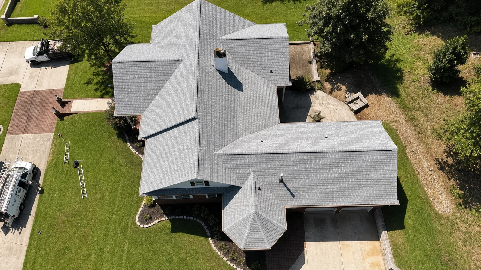 Aerial view of a completed CAPS Roofing roof in South Pittsburg, TN